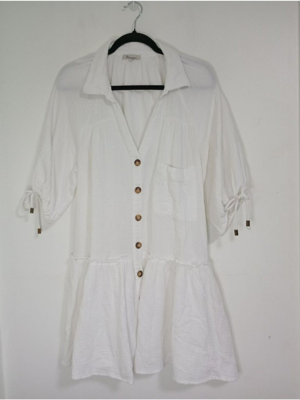 The Clothing Company Tunic Dress White Button-Up Tiered Tie Sleeves Pocket M